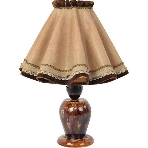 Lampada da tavolo vintage in ceramica e tessuto, Repubblica Ceca, anni '30