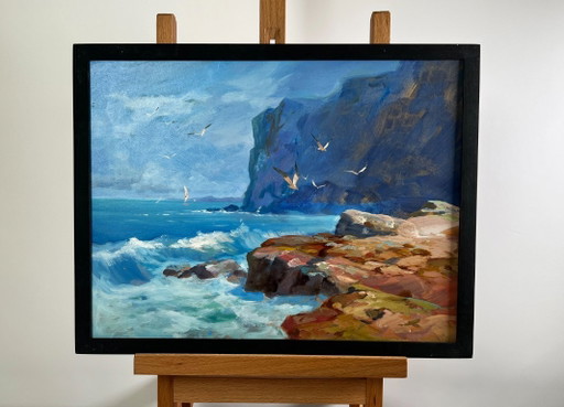 Pintura al óleo original Paisaje de rocas marinas Brisa marina en un día despejado