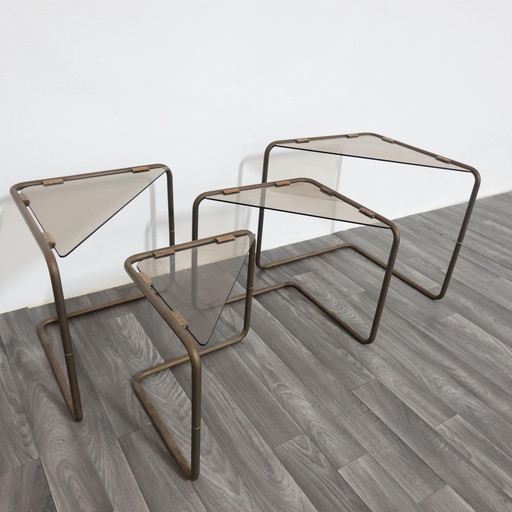 Set of 4 Modular Metal and Glass Coffee Tables, 1960s Modern Design