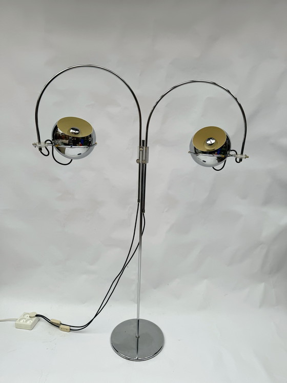 Image 1 of Vintage Gepo Amsterdam Chrome Eyeball lamp uit de jaren 70 - Dubbele boog, Space Age-stijl