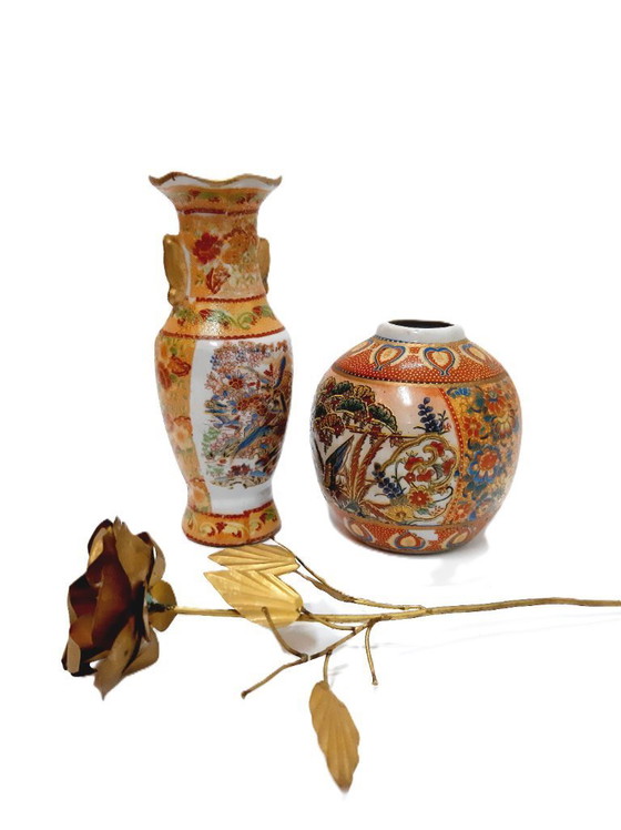 Image 1 of Two Vintage Chinese porcelain vases and brass rose