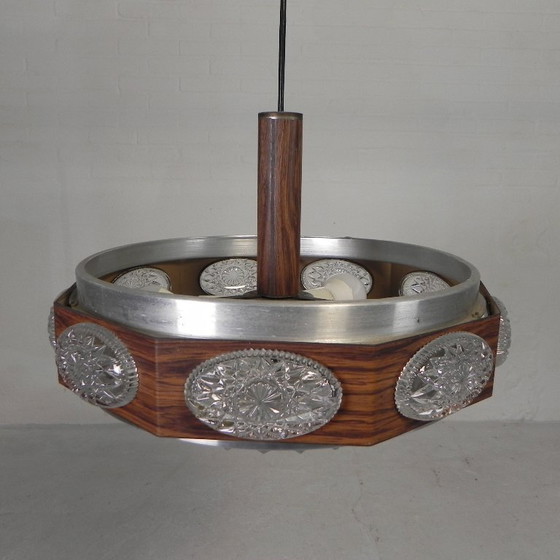 Image 1 of Vintage Lakro hanglamp met 9 ovalen glasplaatjes en 1 ronde glasplaat, jaren 70
