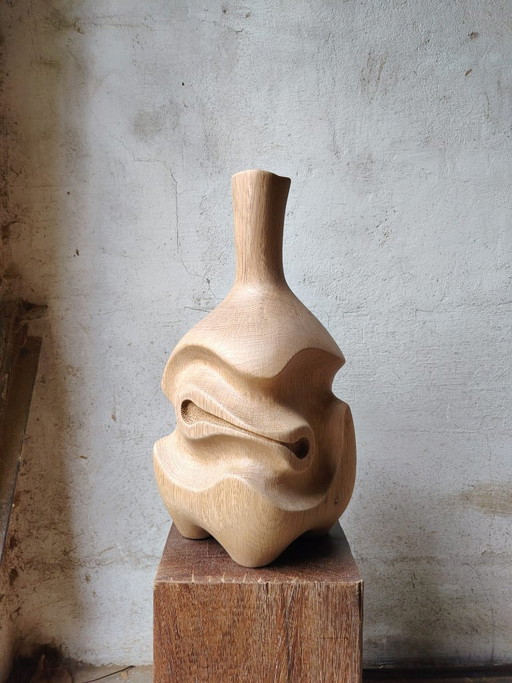 Sculpturale massief eiken Vaas – Uniek stuk