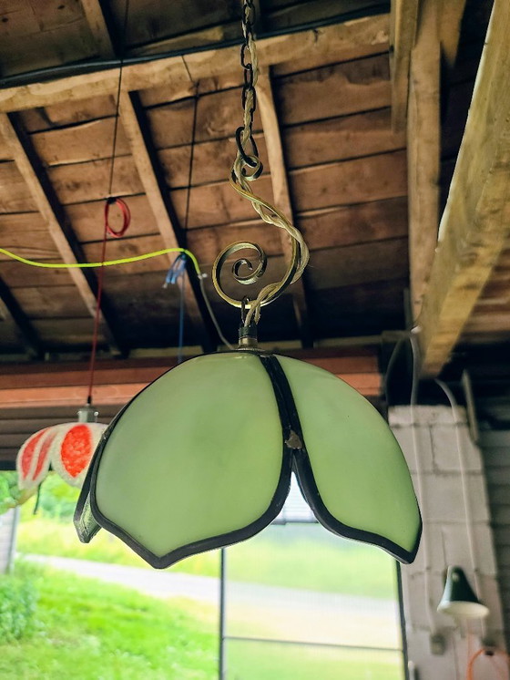 Image 1 of Lampada a sospensione floreale blu/verde in pâte de verre art nouveau