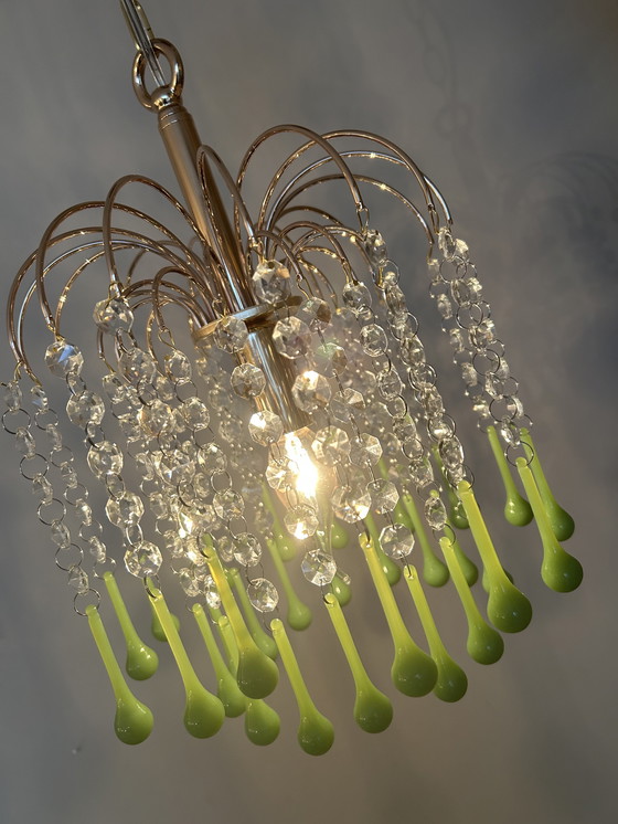 Image 1 of 6 Pieces Vintage Opaline Green Crystal Teardrop Chandeliers
