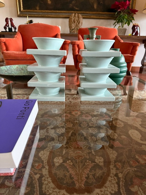 Image 1 of Set van 9 lichtblauwe keramische kommen, I + I Italië, jaren 70.