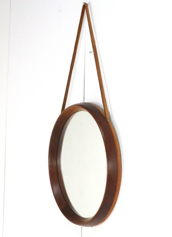Image 1 of Miroir rond en teck avec bracelet en cuir