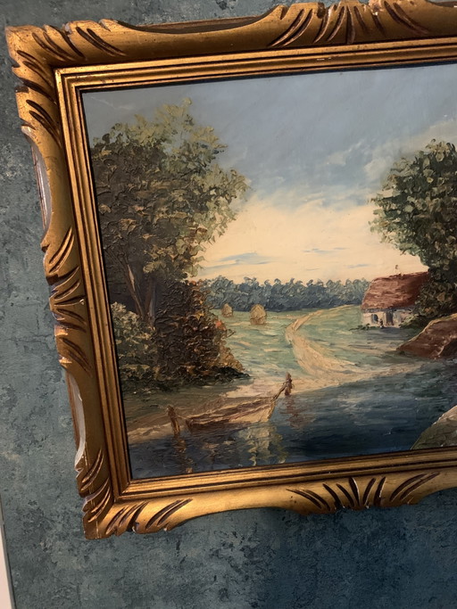 Old French School Oil Painting – River Landscape – Signed – Art Deco Frame 60 x 51 cm (photo 2 of 14)