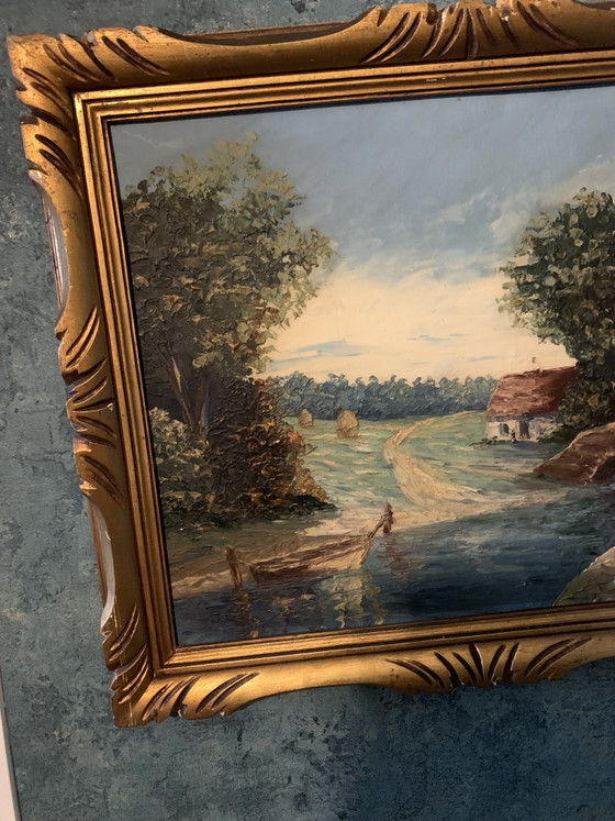 Old French School Oil Painting – River Landscape – Signed – Art Deco Frame 60 x 51 cm – Paintings & Drawings (photo 2 of 14)