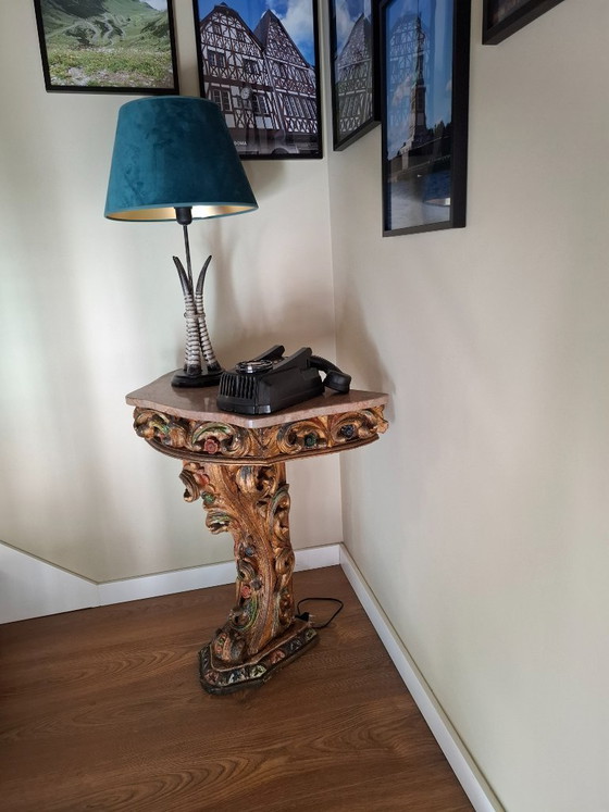 Image 1 of Antique Portuguese Gilded Console Table with Marble Top - 19th Century Carved Wood - Hand-Painted Polychrome Details - VGC