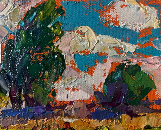 Image 1 of Original Oil Painting Summer Field Landscape The beginning of the harvest in the garden