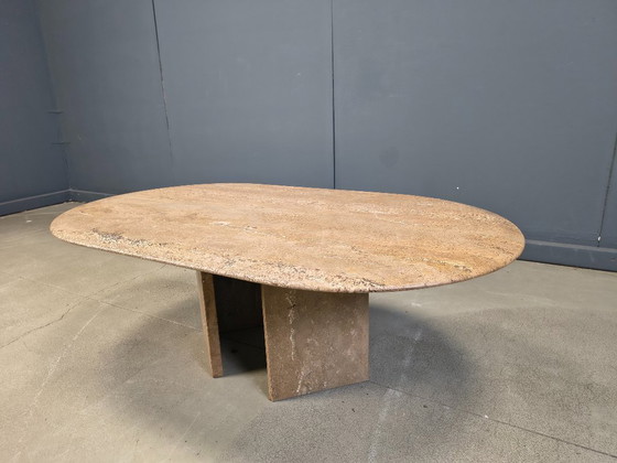 Image 1 of Table basse ovale vintage en travertin, années 1970