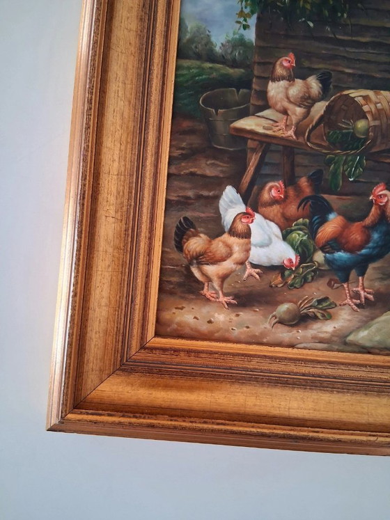 Image 1 of ORIGINAL Ölgemälde auf Holzplatte inkl. Rahmen | Hühner/Bauernhof | Signiert