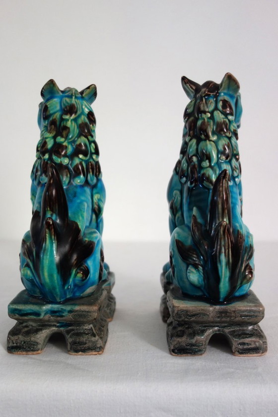 Image 1 of Pair of Japanese Komainu dogs in green and turquoise glaze ceramic, vintage