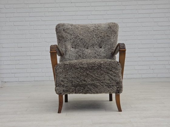 Image 1 of 1960s Reupholstered Danish Armchair in New Zealand Genuine Sheepskin