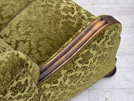 Image 1 of 1960s, Danish 3-seater sofa, furniture velour, carved oak wood.