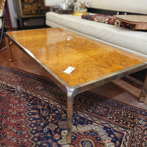 Image 1 of Table basse en bois de ronce et acier, style Guy Lefèvre, années 70 – France