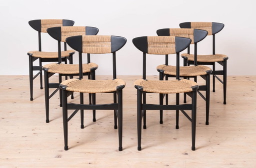 Set van 6 Scandinavische moderne eetkamerstoelen, met touwzitting en -rugleuning, jaren 60