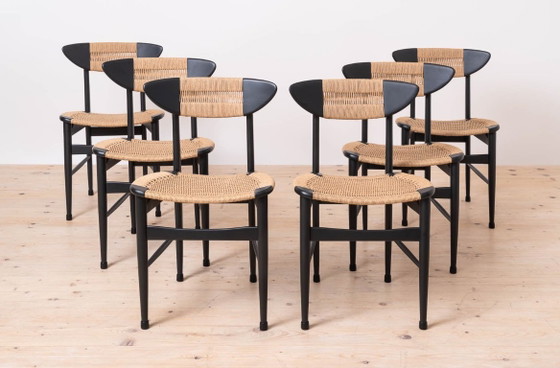 Image 1 of Set van 6 Scandinavische moderne eetkamerstoelen, met touwzitting en -rugleuning, jaren 60