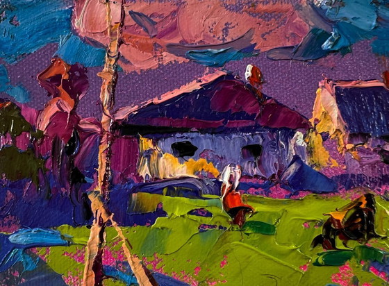 Original Oil Painting Rural Sunset Landscape Purple Evening In The Village – Paintings & Drawings, Canvas (photo 7 of 8)