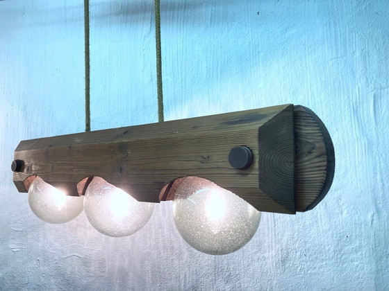Image 1 of Hanglamp van Temde, gemaakt van hout en glas, met drie lichtpunten, in brutalistische stijl uit de jaren 70.