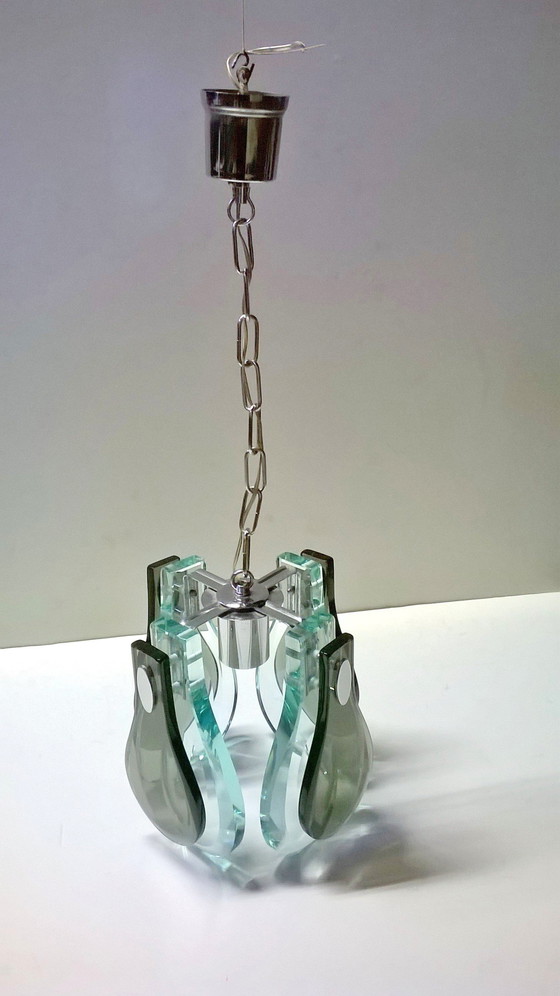 Image 1 of Vintage glass and chrome steel pendant lamp, Italy 1970