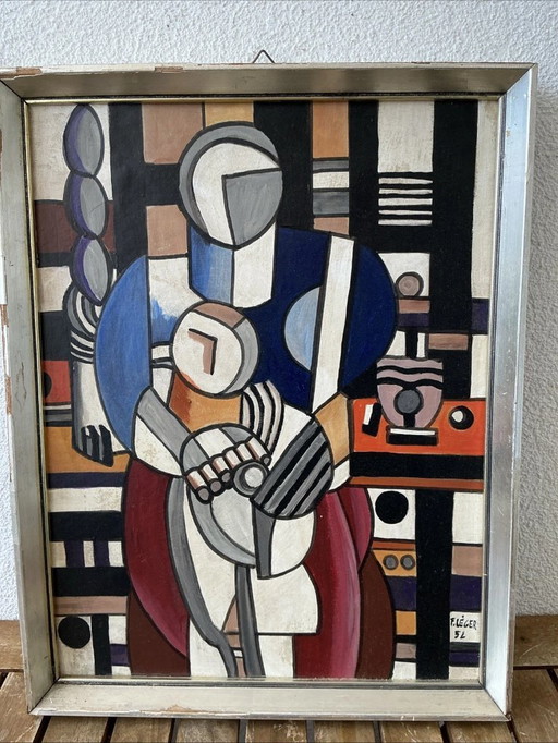 Dipinto ad olio modernista di metà secolo firmato F. LÉGER '52 - Madre e figlio in stile cubista