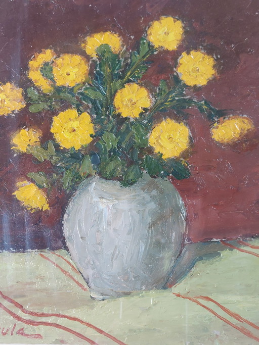 Magnifique peinture à l'huile, nature morte, vase de fleurs, années 1950, cadre sculpté à la main