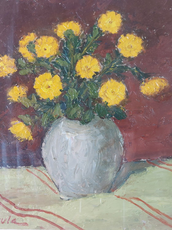 Image 1 of Magnifique peinture à l'huile, nature morte, vase de fleurs, années 1950, cadre sculpté à la main