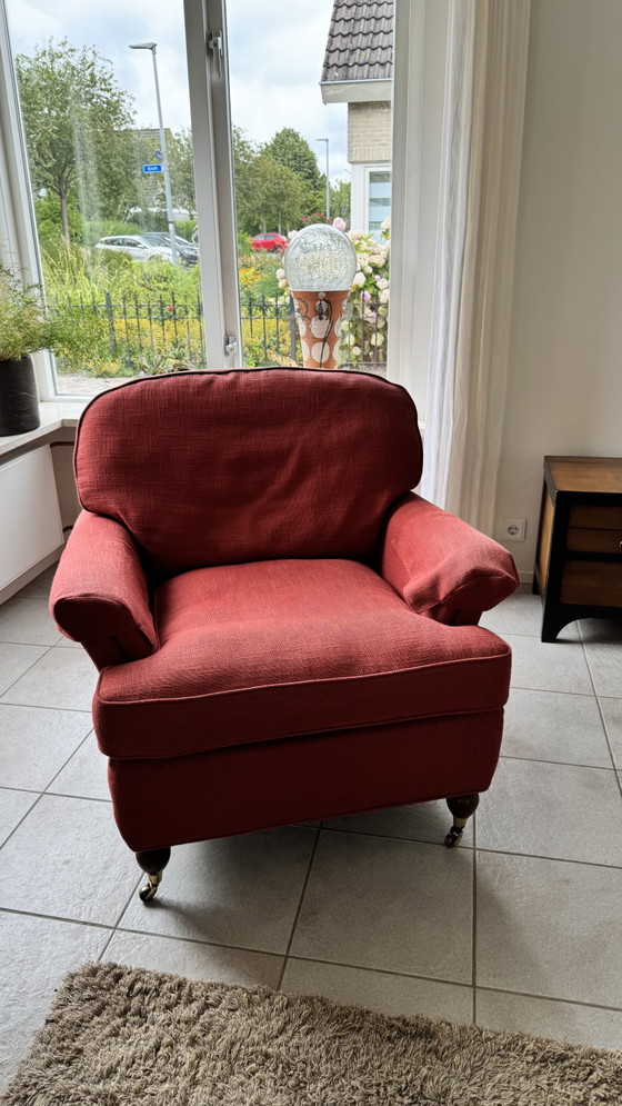Rostbrauner Stoffsessel mit Hocker – Textile (photo 5 of 5)