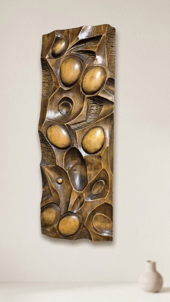 Panneau mural en bois sculpté en relief, art mural, milieu du XXe siècle, 55 × 20 × 5 cm – Sculptures, Wood (photo 3 of 7)