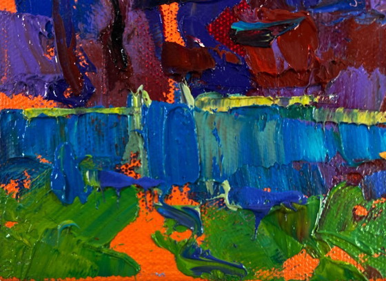 Image 1 of Original Oil Painting Colorful House Landscape Sky disappears into silence