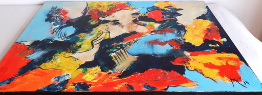 Tableau unique intitulé "Dans la tempête" par un peintre inconnu "Mp"
