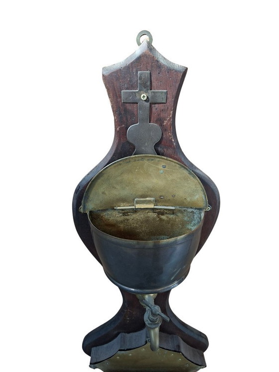 Image 1 of Antique Wall-Mounted Brass and Wood Washbasin with Cross, Early 1900s