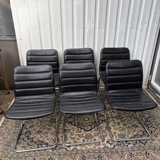 Midcentury Pol International buisframe stoelen leer – eetkamerstoelen, Leather, Metal