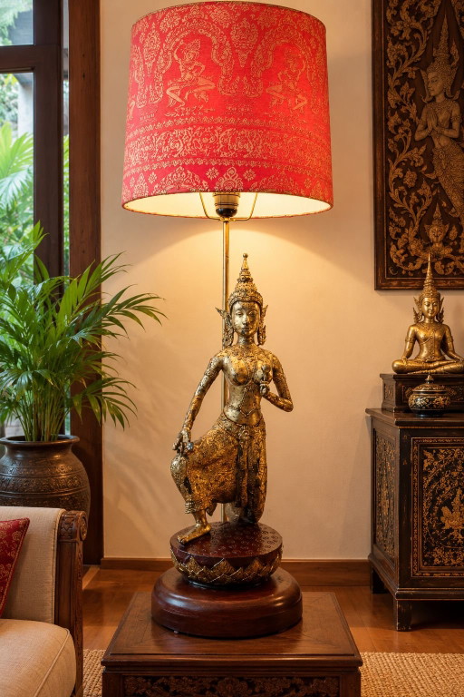 Antica grande lampada siamese bronzo dorato ceramica Rattanakosin fine XIX sec. paralume fatto a mano