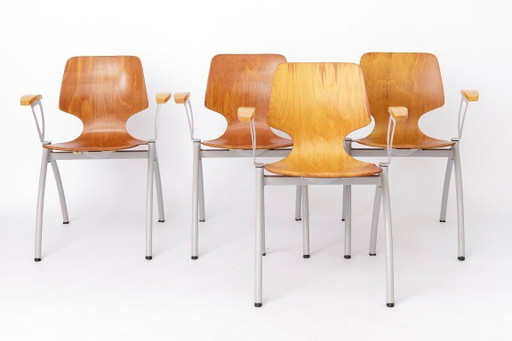 Set of 4 Vintage Pagholz Stackable Chairs, Industrial Dining Chairs, Germany 1970s, Beech Wood Armrests