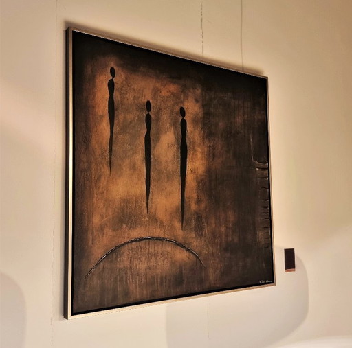 Frances Eckhardt- peinture figurative 3 figures 90x90cm encadrée