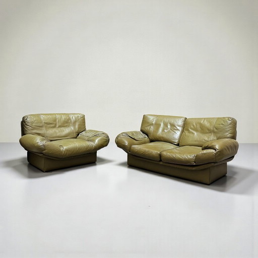 Ensemble vintage canapé + fauteuil cuir Henry Sooner vert olive, 1970-80