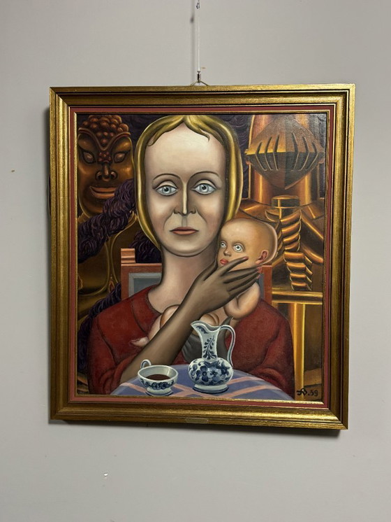 Image 1 of Geborgenheid (Shelter / Inner Protection) – Ferdinand Vercnocke, Belgian School, signed 1959. Oil on canvas.