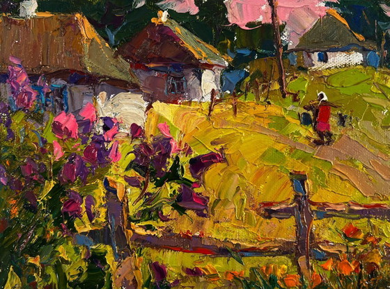Image 1 of Original Oil Painting Summer Village Landscape The tenderness of dawn