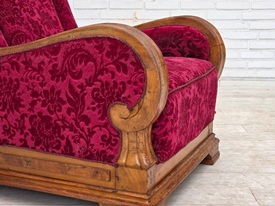 Image 1 of Anni '50, poltrona relax danese, velluto rosso per mobili, legno di quercia.