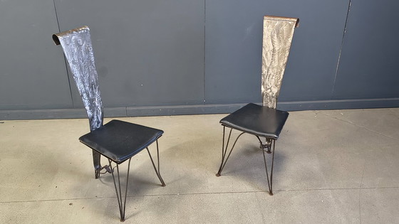 Image 1 of Handgemaakte eethoek van staal en steen, jaren 70 - vintage eethoek - handgemaakte eethoek - postmoderne eettafel en stoelen