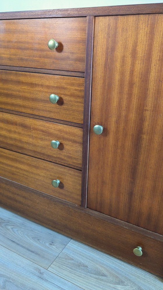 Image 1 of Vintage Scandinavian Wood and Brass Chest of Drawers