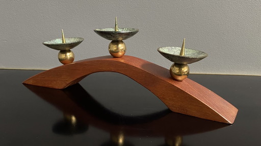 teak and brass candle holder 