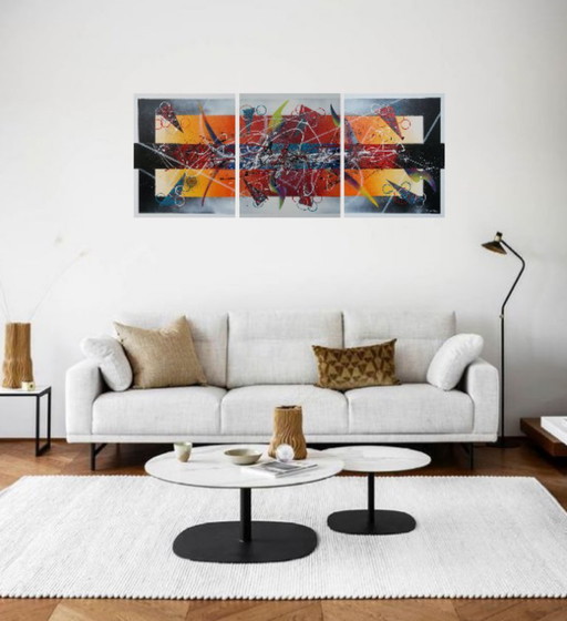 JONGLERIES une œuvre du peintre français 2LUSS'ART – L’Énergie en Mouvement sur Toile Triptyque . Format 152 x 61