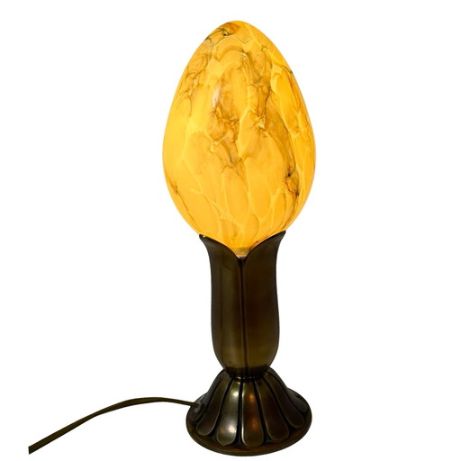 Art Deco (Style) - Egg Shaped Desk Lamp Made from Marbled Glass and a Brass Base