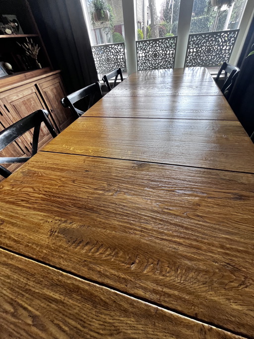 Vintage Long Dining Table With 8 Cafe Chairs