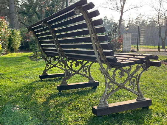 Image 1 of Klassische Gartenbank aus Holz, 180 cm lang, mit Beinen aus Gusseisen