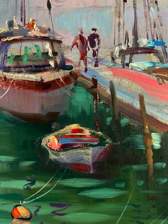 Image 1 of Original Oil Painting Coastal City Landscape A ship preparing to set sail